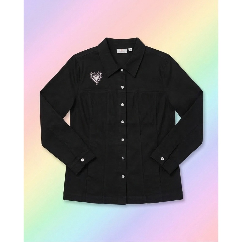 Quacker Factory 1X Womens Black Denim Jacket Heart Sequin Crystal Buttons NWT